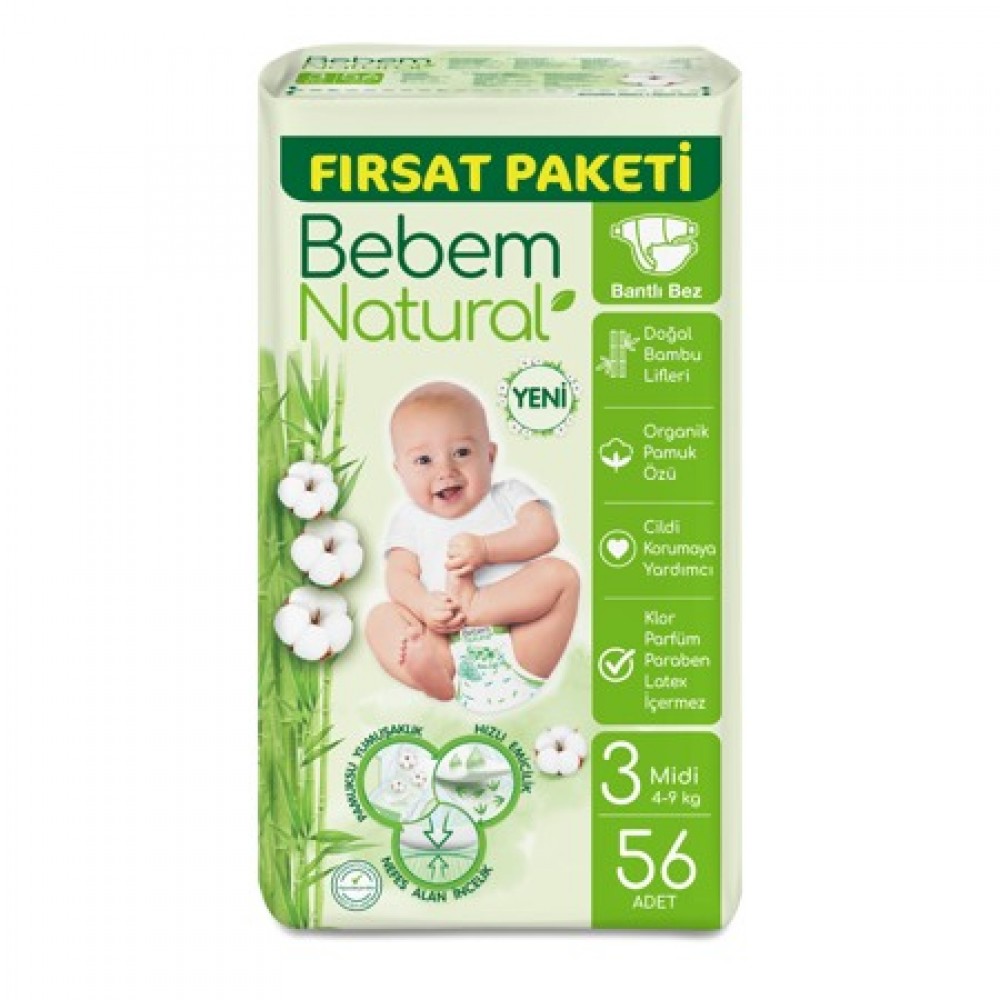 Bebem BEBEM NATURAL MİDİ 4-9 KG 56 ADET - 8690536831951