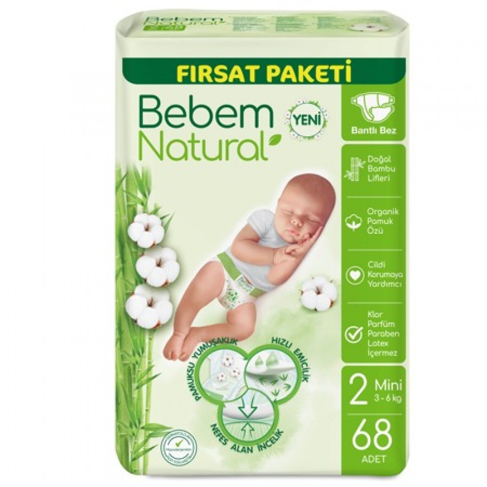 Bebem BEBEM NATURAL MİNİ 2 NO 3-6 KG 68 ADET - 8690536831944